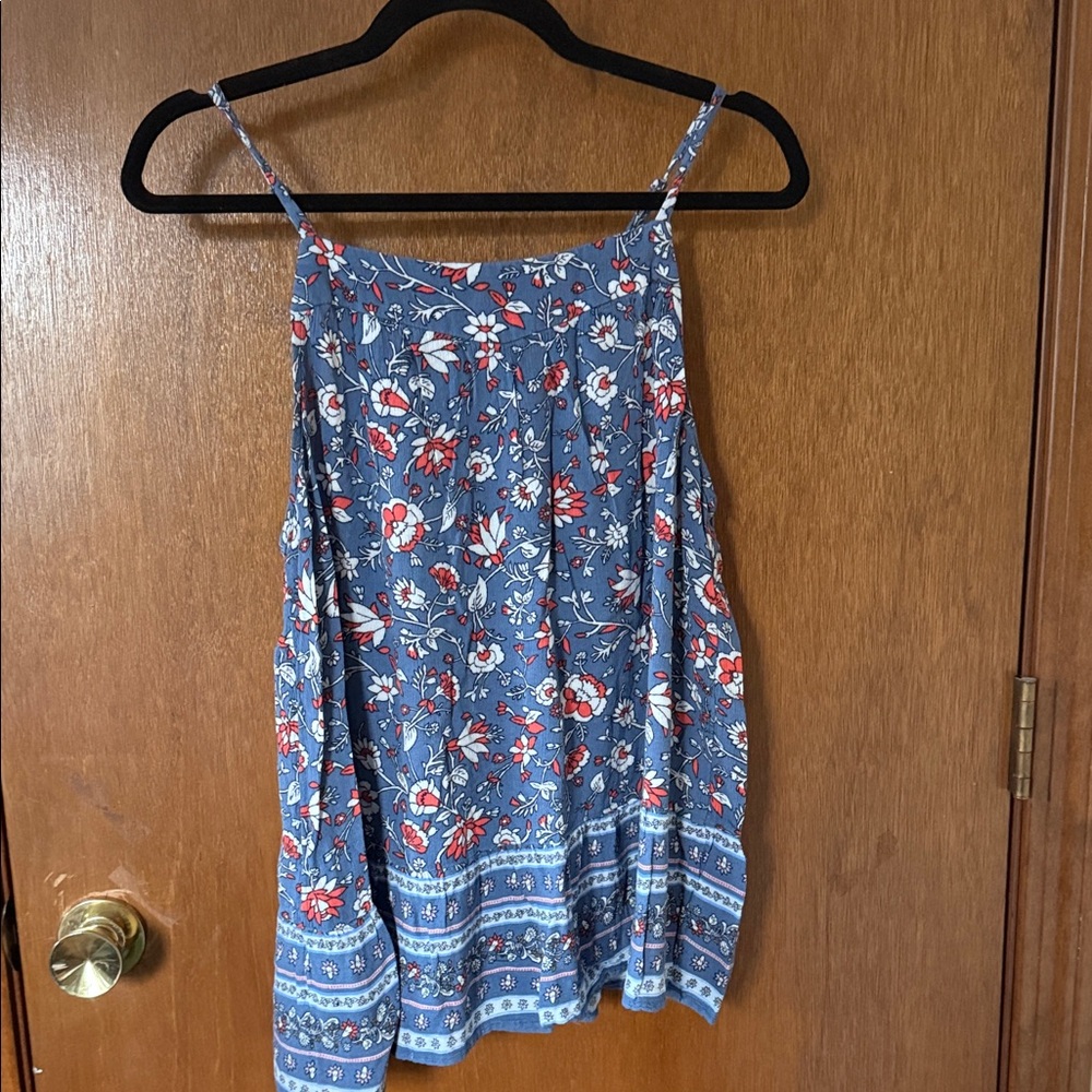 Old Navy Blue Floral Spaghetti Strap Tank with Coral and White Blooms